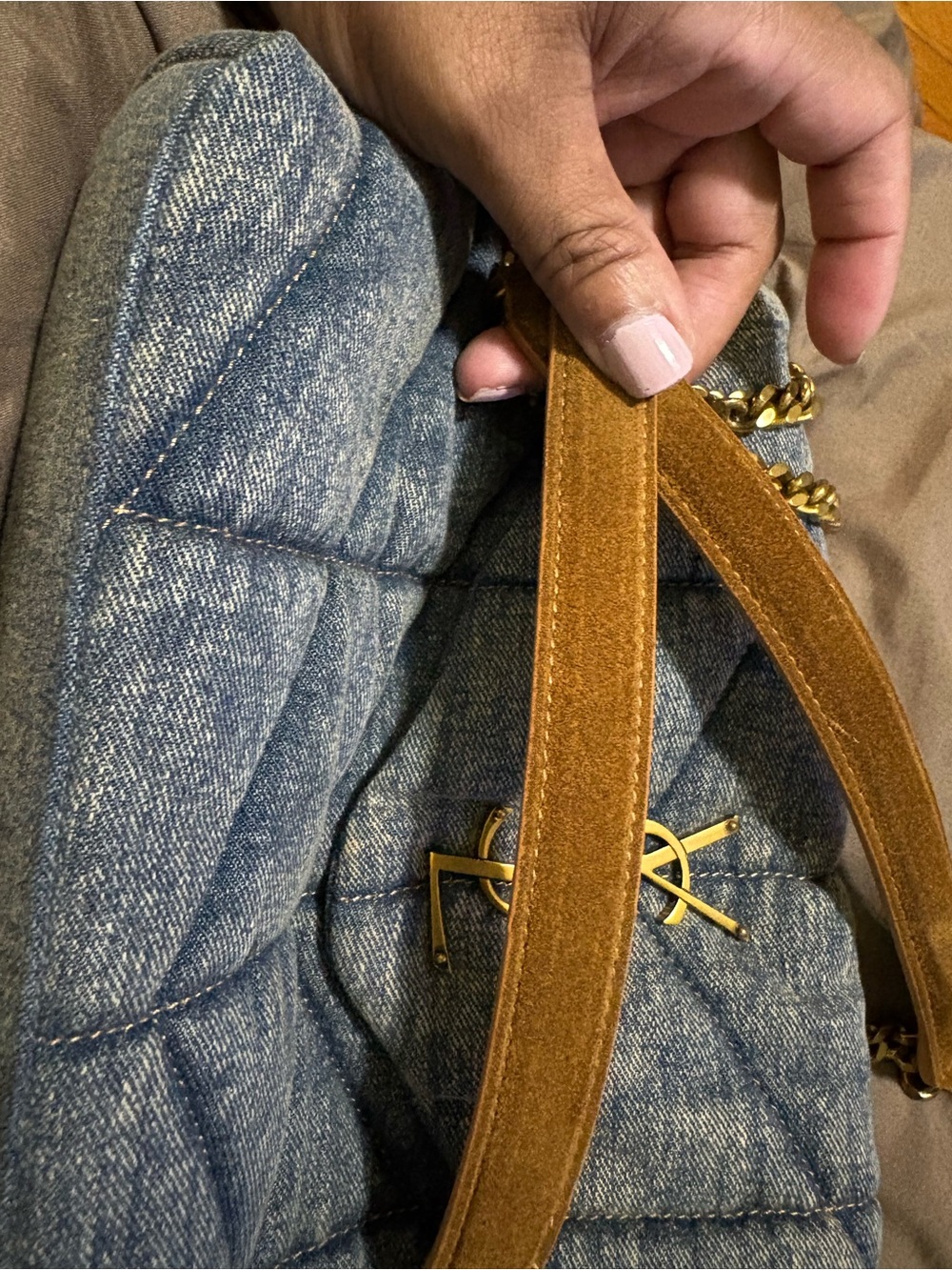 Quilted Denim Shoulder Bag - Light Blue with Gold Hardware - Picture 5 of 6